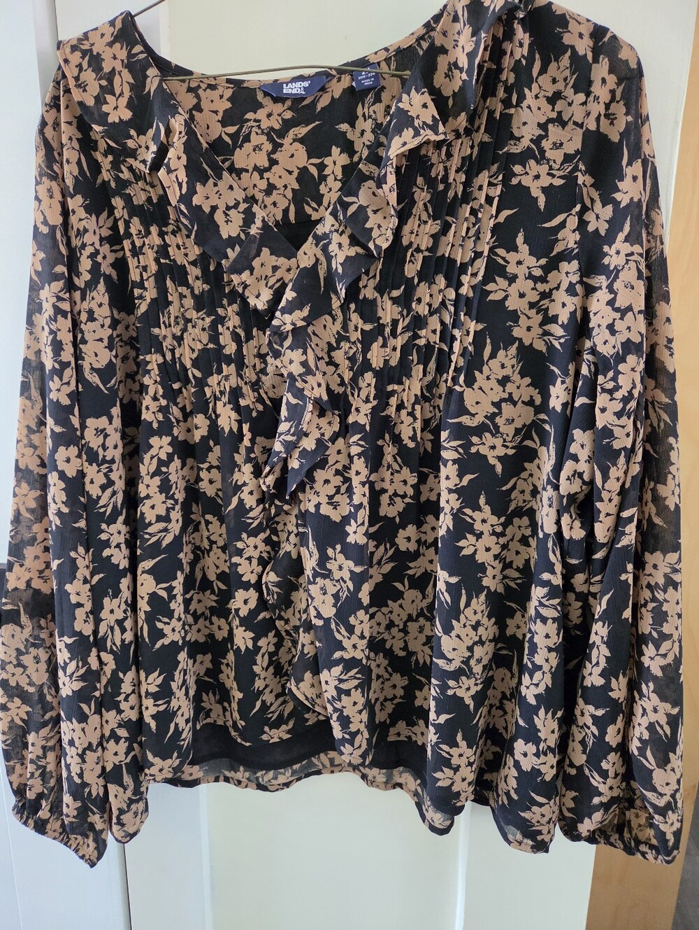 Lands' End Black Blouse with Tan Floral Ruffle Front